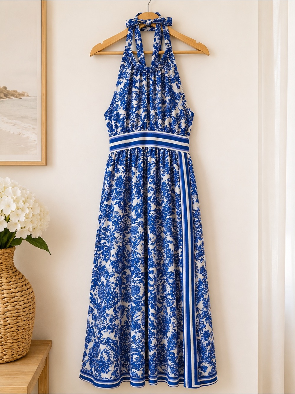Eliza J Blue and White Smocked Bodice Maxi Dress